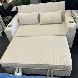 Beige corduroy convertible loveseat pullout sleeper sofa bed w/ cup holders