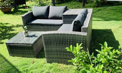 4 Piece Outdoor Sectional Sofa Set, Rattan Patio Storage End Table Deck Yard Garden Poolside Wicker Furniture Couch Table & Cushions Side Summer Grey 