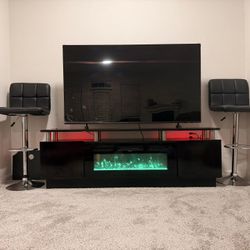 TV + Modern TV Stand w/ Electric Fireplace + 2 Bar Stools (Full Set) 
