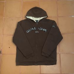 2000’s Quiksilver Brown Sherpa Lined Spellout Zip Up Hoodie vintage Size XL Surf Wear 