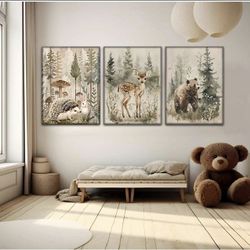 3 Pcs Woodland Animal Nursery Canvas wall art Wild Animals Forest Paintings Pictures 6x24