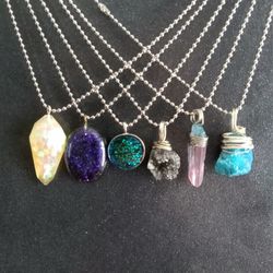 Handmade necklaces lot - druzy, aura quartz crystal, and resin glitter pieces new 