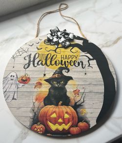 Black Cat Happy Halloween Greeting Sign