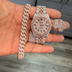 Mosaic Cuban Two Tone Datejust Watch And Mosaic Cross Ring 