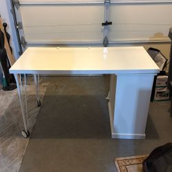 White Study Table With Storage And Wheels + Chair