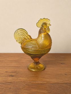 Vintage Amber Glass Rooster lidded candy dish
