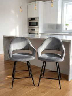 Grey Velvet Swivel Bar Stools 26” Counter Height – Set of 2, Upholstered Modern Bar Stools