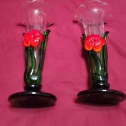 2 Hand Blown Art Glass Bud Vase 