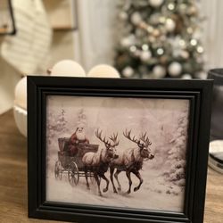 Vintage Style Santa And Reindeer Christmas Framed Print