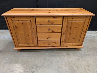 Rustic Pine Wood Sideboard with Cabinets and Drawers