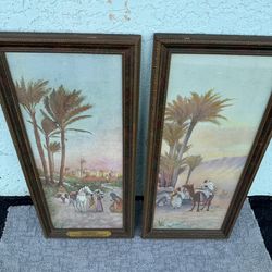 Vintage Silk Tapestry Wall Art Set of 2 Framed Desert Scene Decor