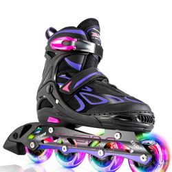 2PM SPORTS Vinal Girls Adjustable Flashing Inline Skates, All Wheels Light Up, Fun Illuminating Skates For Kids And Men- Azure Small (1Y-4Y US) Violet