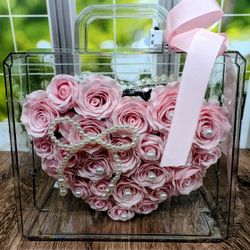 Pink Eternal Rose Heart Purse with Lights - LED Glow Acrylic Handbag Gift Box