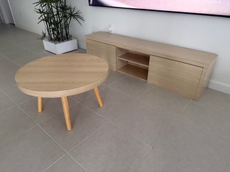 Modern Light Wood TV Stand + Round Coffee Table Set