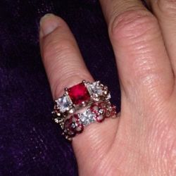 Double RED HEART Engagement/Wedding 2pc