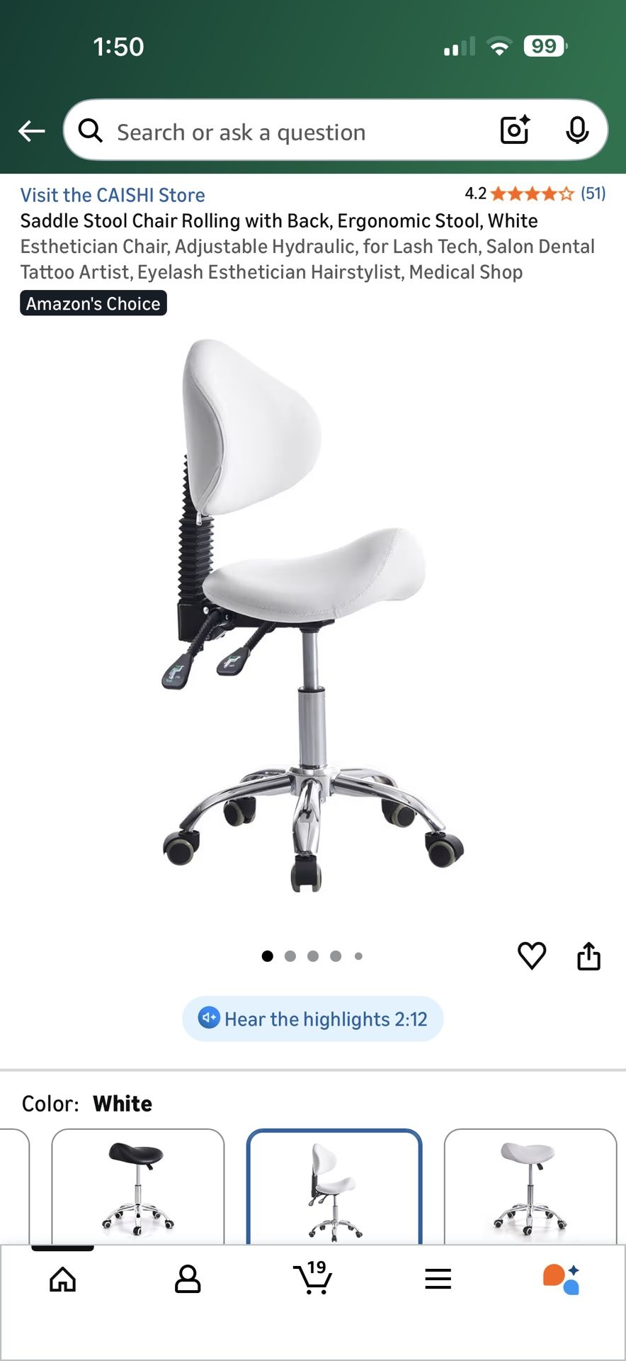 Brand New White/Chrome Height Adjustable Rolling Saddle Stool