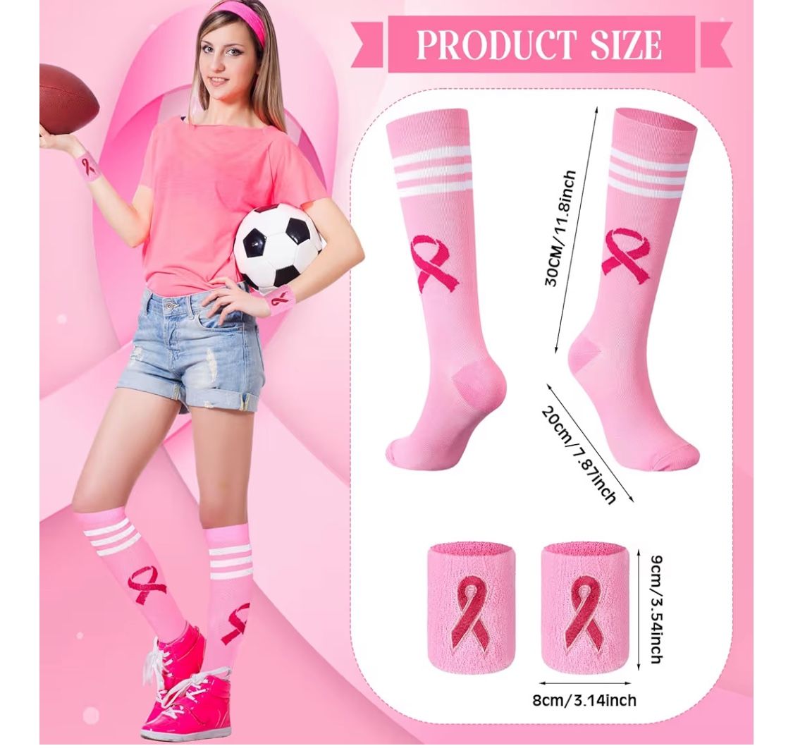 Breast Cancer Awareness Pink Ribbon Socks and Wristbands Set, Athletic Accessories Knee Length Socks