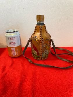 Vintage Hand-Tooled Leather-Wrapped Glass Flask Decanter 7 1/2” Tall
