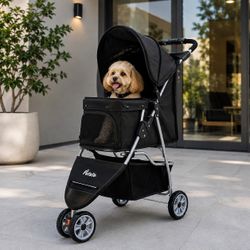Costway 3-Wheel Pet Stroller for Small Dogs & Cats Up to 33 Lbs with Lockable Front Wheel, One-Hand Folding & Adjustable Canopy (PW10136DK)