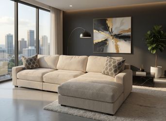 Soft Ivory Cord 127” Sectional Sofa Couch