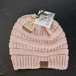 Pink CC Beanie Tail Ponytail Beanie Winter Fall Trendy Stretchy Cable Knit Hat