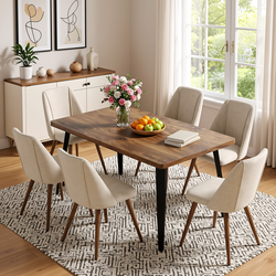Homy Casa STAN+KALI 7PC Dining Set 63" Table with 6 Kali Beige Fabric Chairs in Dark Walnut Finish