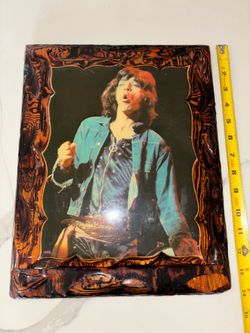 Mick Jagger, Rolling Stones vintage lacquered wood photo from 1973. Very rare, very cool. Not many of these out there.