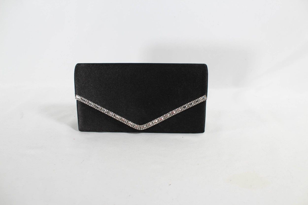New Black Sateen Evening Clutch Bag with Rhinestone Detailing and Silver Chain