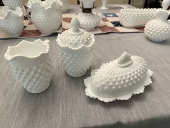 Fenton Hobnail Milk Glass Set – Creamer, Lidded Sugar Jar & Covered Butter Dish Shipping Included