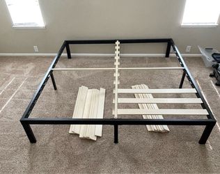 Black Metal Platform Bed Frame with Slats