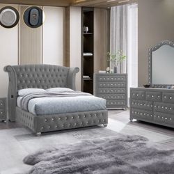 Brand New Grey Glam 4PC Bedroom Set Queen $999 King $1100 Finance $59 Down.