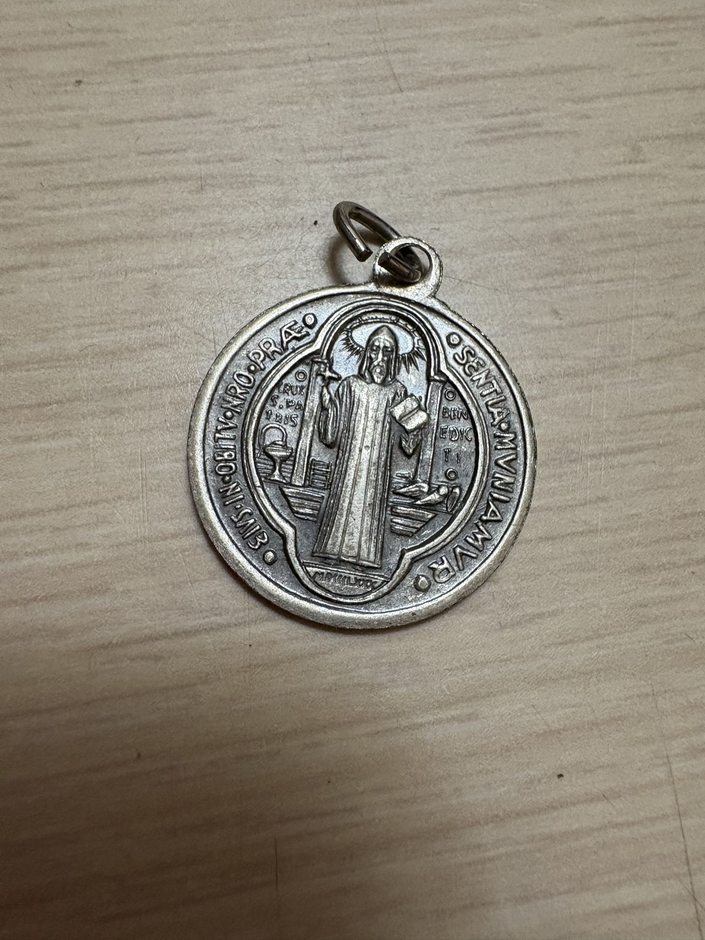 Vintage religious French Catholic tiny medal pendant of Saint Benedict, St Benoit, St Benedictus, Saint Benedict medal, Pax medal pendant