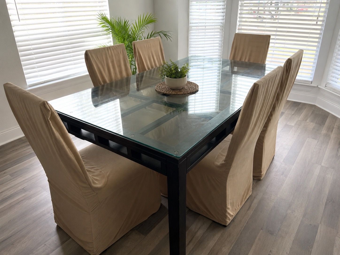 Modern Glass Dining Table Set w/ Chairs & Covers – 76” x 44”