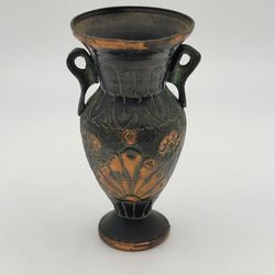 Tiny Antique Copper Mini Double Handled Vase Handmade In Greece Signed 3"
