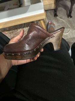 Brown Leather Platform Clog Mule Heel