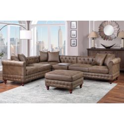 Brown Leatherette Sectional Sofa With Ottoman 