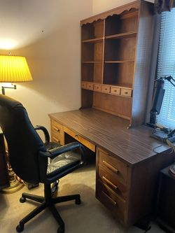 Wooden desk with hutch & leather chair