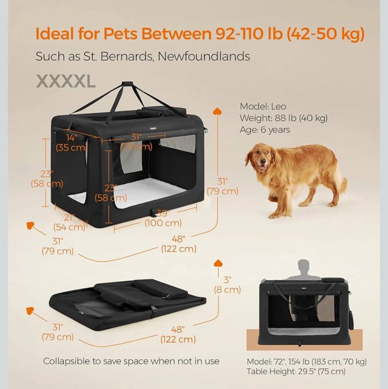 Feandrea 48" Collapsible Soft Crate Portable Travel Dog Crate - Black