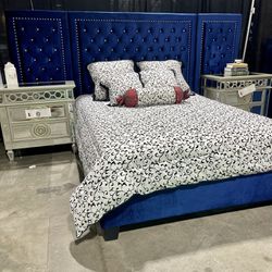 Blue King Bed - Glam Style Bed With Crystal Button Tufting & Silver Nailhead Trim