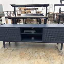 ORRD TV Stand for TVs Up to 70 Inch, Iron Rattan Storage Cabinet with Sliding Barn Door and Adjustable Shelves