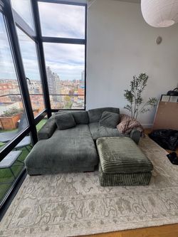 Green Corduroy Sectional Sofa with Ottoman