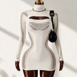 Mistrie Women's Solid Color Stand Collar Long Sleeve Cutout Sexy Bandage Bodycon Dress Night Out Club Off-White Autumn