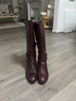 Burgundy Leather Knee-High Heeled Boots