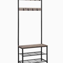 Hall Tree, Entryway Bench with Coat Rack, Storage Shelf Organizer, Entryway Furniture with Steel Frame, Industrial, Greige and Black