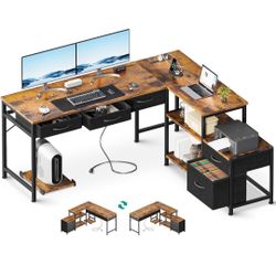 F511 $120  AODK L Shaped Computer Desk with Fabric Drawers and File Cabinet