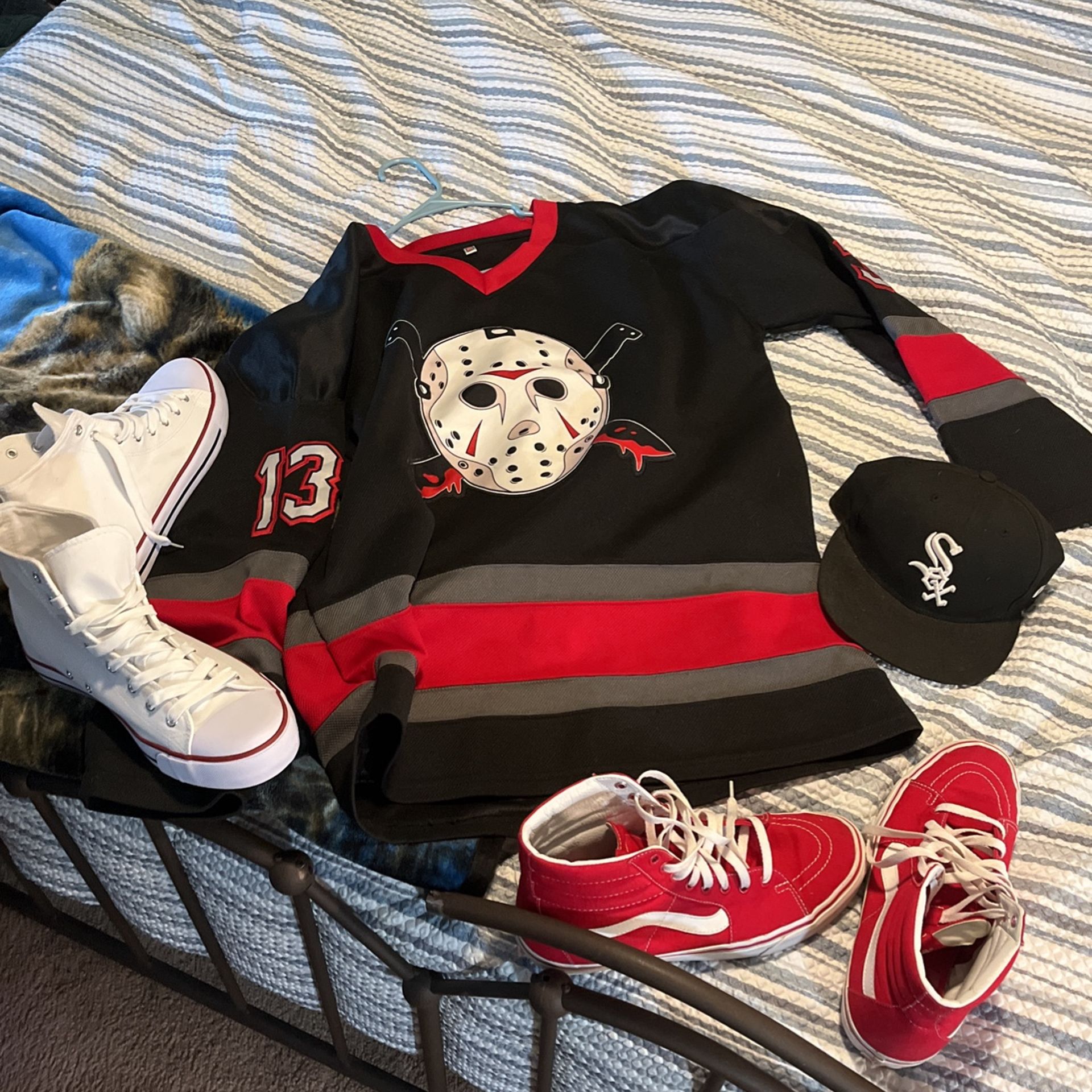 Jason Hockey Jersey Res High top Vans White Off brand Converse White Sox Hat
