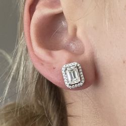 2 CTW emerald cut Moissanite Diamond earrings with halo 10k white gold 