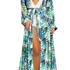 Women's Long Sleeve Flowy Maxi Swimsuit Tie Front Robe Cover Up