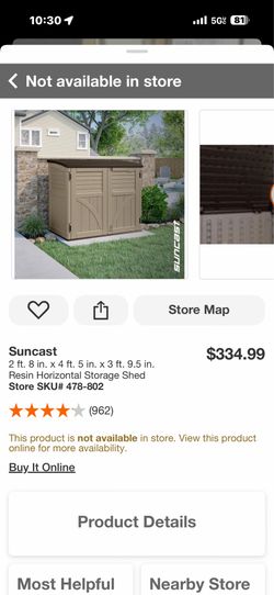 Suncast 2 ft. 8 in. x 4 ft. 5 in. x 3 ft. 9.5 in. Resin Horizontal Storage Shed Store SKU# 478-802