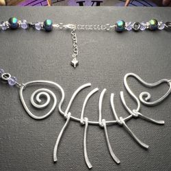 Handmade Artisan Hammered Fish Bones Beaded Stone Statement Bib Necklace